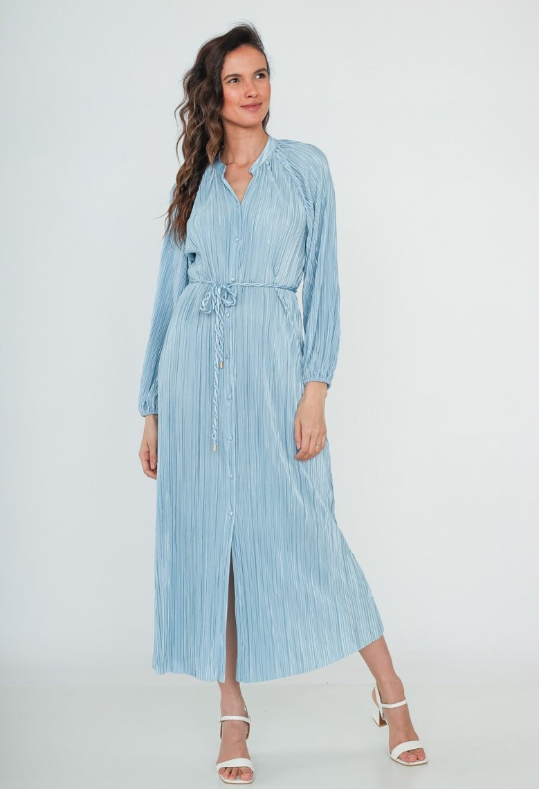 Robe plissée avec ceinture BLEU