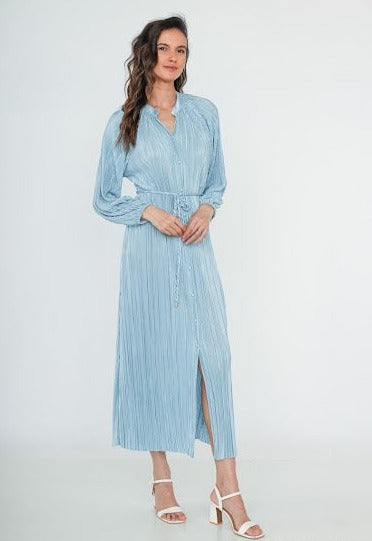 Robe plissée avec ceinture BLEU