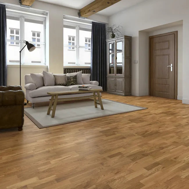 Parquet contrecollé medio chêne blond vitrifié 3 frises, l.20.7 cm