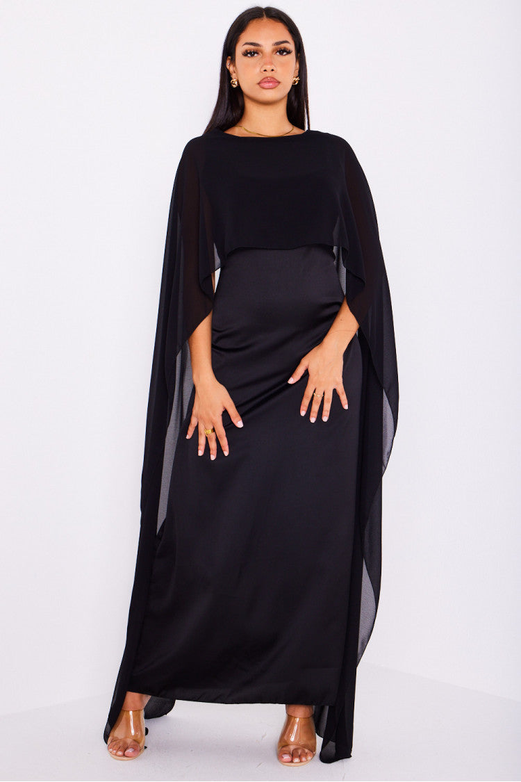 Robe satinée à empiècement voile NOIR