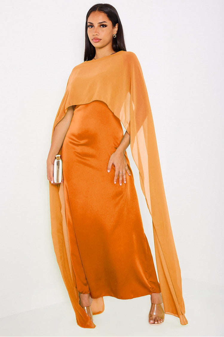 Robe satinée à empiècement voile ORANGE