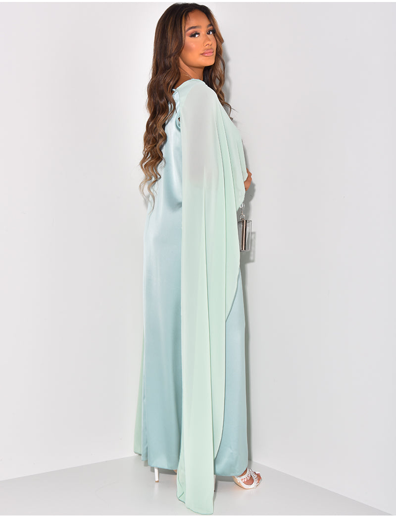 Robe satinée à empiècement voile VERT D'EAU