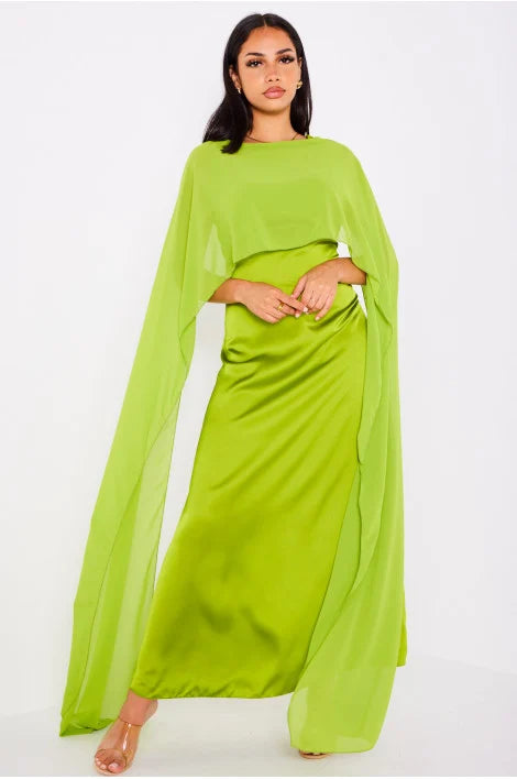 Robe satinée à empiècement voile VERT POMME
