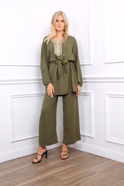 Ensemble tunique brodé kaki
