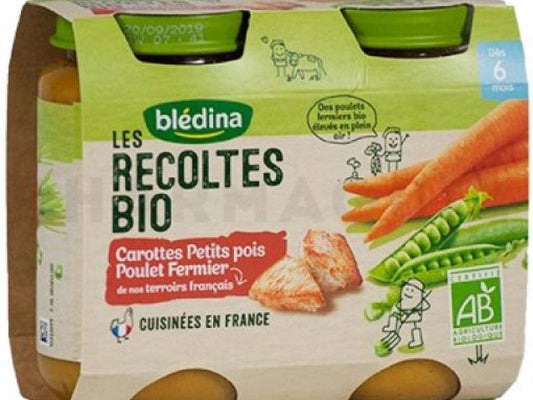 Bledina Recoltes Bio Carot Pts Pois Poulet 2x200g - tiboutik.re
