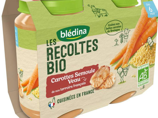 Bledina Recoltes Bio Carottes Semoule Veau 2x200g - tiboutik.re