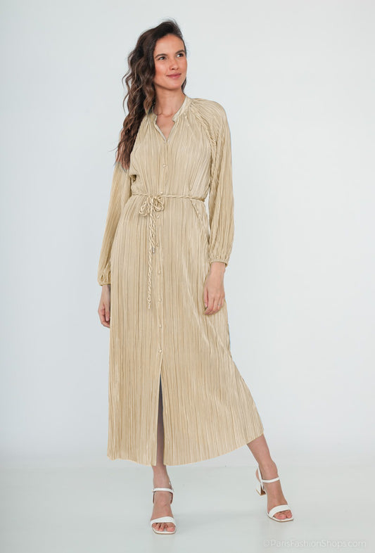 Robe plissée avec ceinture BEIGE
