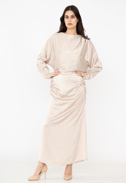 Ensemble blouse et jupe en satin BEIGE