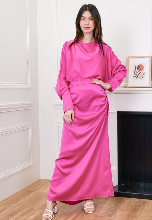 Ensemble blouse et jupe en satin FUCHSIA