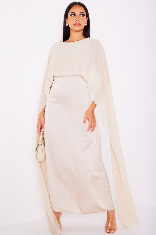 Robe satinée à empiècement voile BEIGE