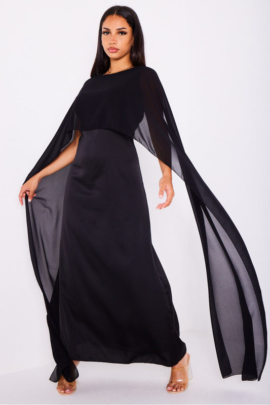 Robe satinée à empiècement voile NOIR