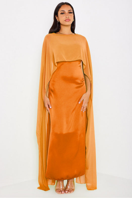 Robe satinée à empiècement voile ORANGE