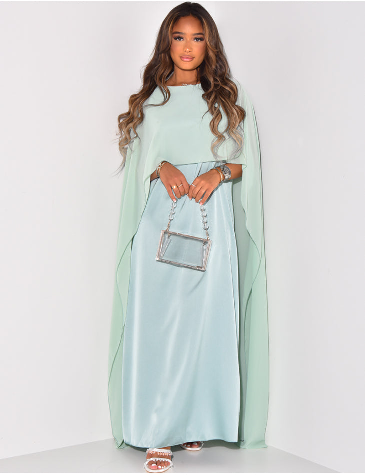 Robe satinée à empiècement voile VERT D'EAU
