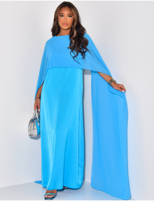 Robe satinée à empiècement voile BLEU