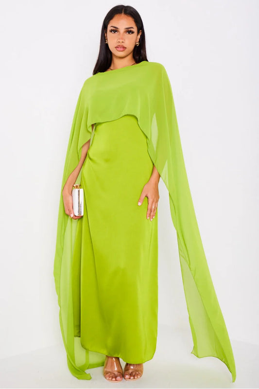 Robe satinée à empiècement voile VERT POMME