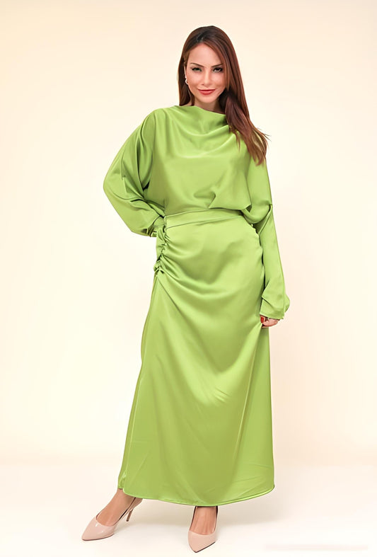 Ensemble blouse et jupe en satin VERT POMME