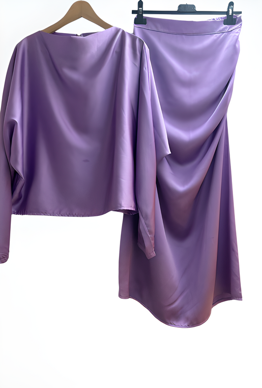 Ensemble blouse et jupe en satin LILAS