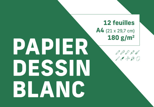 Pochette dessin blanc - 12 feuilles - A4 (21 x 29,7 cm) - 180 gr